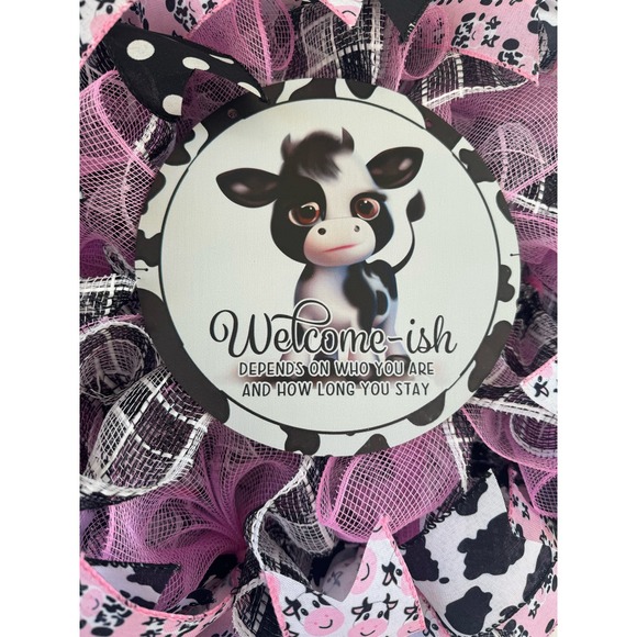 Pink Black Cow Welcome-ish Mesh Ribbon Spring Wreath Front Door Hanger Decor - Picture 2 of 8